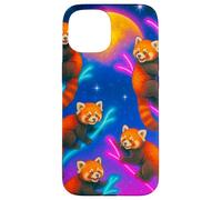Panda Rojo Colorido trepando árboles bajo una Gran Luna Carcasa para iPhone 15