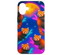 Panda Rojo Colorido trepando árboles bajo una Gran Luna Carcasa para iPhone 16 Plus