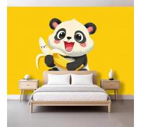 Panda Sonriente Banana Papel pintado no tejido 500 x 280 cm Papel pintado fotográfico panorámico, Animales de dibujos animados Póster mural para sala de estar, cocina, dormitorio adulto niño
