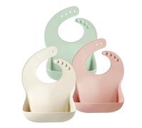 PandaEar Conjunto de 3 Baberos de Silicona para Bebés y Niños Pequeños, Sin BPA, Impermeables y Ajustables con Bolsillo Grande para Atrapar Comida