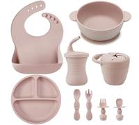 PandaEar Juego De Vajilla De Silicona Para Bebé, Set De 9 Piezas, Plato Con Ventosa, Cuenco, Baberos De Silicona, Vasos Para Aprender A Beber, Tenedores (Rosa)