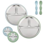 PandaEar Pack De 2 Platos De Acero Inoxidable Para Bebé Con Ventosa Y 2 Cucharas, Set De Alimentación Para Bebés Y Niños Pequeños, Platos Divididos Para BLW, Sin BPA (Azul/Verde)