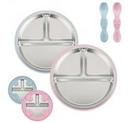 PandaEar Pack De 2 Platos De Acero Inoxidable Para Bebé Con Ventosa Y 2 Cucharas, Set De Alimentación Para Bebés Y Niños Pequeños, Platos Divididos Para BLW, Sin BPA (Rosa/Azul)