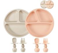 PandaEar Pack de 2 Platos de Silicona con Ventosa Dividida con 2 Cucharas y 2 Tenedores para Bebés y Niños Pequeños | Cubiertos para la Alimentación Infantil de Silicona sin BPA -Rosa & Lino