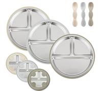 PandaEar Pack De 3 Platos De Acero Inoxidable Para Bebé Con Ventosa Y 3 Cucharas BLW, Set De Alimentación Para Bebés Y Niños Pequeños, Sin BPA