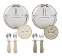 PandaEar Set de 2 Platos de Acero Inoxidable con Ventosa para Bebé y Set de 2 Cucharas y Tenedores, Utensilios para Bebé, Platos Divididos para Alimentación Autónoma, Sin BPA (Beige/Nogal)