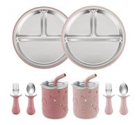 PandaEar Set de Alimentación Bebé Acero Inoxidable | 2 Platos con Ventosa, 2 Vasos Antiderrames con Pajita y Fundas de Silicona, 2 Tenedores y 2 Cucharas | Sin BPA
