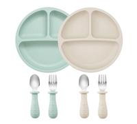 PandaEar Set de Alimentación para Bebés | 2 Platos Divididos con Ventosa de Silicona, 2 Juegos de Cucharas y Tenedores para Bebés | Utensilios de Autoalimentación (Verde y Blanco)