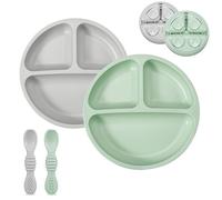 PandaEar Set de Alimentación para Bebés de Silicona | 2 Platos Divididos con Ventosa de Silicona y 2 Cucharas | Utensilios de Autoalimentación para el Destete del Bebé (Verde/Gris)