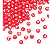 PandaHall 100 cuentas acrílicas transparentes de 7 mm, cuentas redondas planas del alfabeto A/E/I/O/U, cuentas de letras iniciales rojas para pulseras de amistad, fabricación de joyas