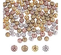 PandaHall - 120 cuentas espaciadoras redondas corrugadas de 8 mm, 4 colores, cuentas espaciadoras de metal tibetano sueltas para hacer joyas, agujero: 1 mm, Metal