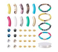PandaHall 200 cuentas de tubo curvadas para hacer pulseras, cuentas de fideos de tubo de bambú acrílico, cuentas de resina de mal de ojo, espaciador de latón, cuerdas elásticas, accesorios de joyería