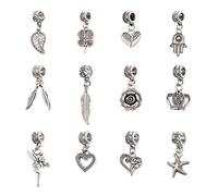 PandaHall 48 Cuentas Espaciadoras Colgantes de 12 Estilos Europeos, Cuentas Colgantes de Corazón Alas de Plumas Corona Hoja Conectores de Fianzas para Pulseras Europeas Colgantes de Joyería