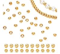 PandaHall Elite granos de espaciadores de Laton£¬Ronda plana£¬Dorado, 6x4mm, Agujero: 3mm; sobre 100pcs / bolso; Tamano del embalaje: 74x105mm