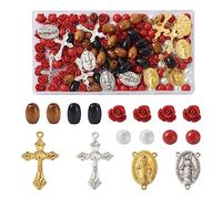 PandaHall Juego de rosario de 180 cuentas de rosa de cinnabar, cuentas de madera natural, crucifijo, colgantes de cruz de estilo tibetano para pulseras, collares, joyas
