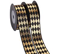 Pandahall Rollo de cinta de satén de 20 yardas de hoja dorada de 1 pulgada de ancho, cinta decorativa negra con rombo impresa para envolver regalos, artesanía, fiesta, decoración de boda