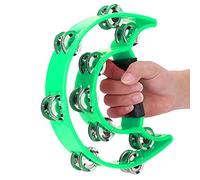 Pandereta con cascabeles dobles y aros verdes, instrumento musical infantil y educativo para principiantes, ideal para estimulación auditiva y motriz.