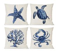 PANDICORN Sea Life - Juego de 4 fundas de almohada de 18 x 18 pulgadas, estrella de mar, tortuga, cangrejo, coral, índigo azul, océano, náutico, decoración de verano, para decoración de sofá y casa de