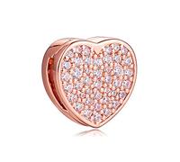 PANDOCCI Regalo de San Valentín 2020 Reflexiones de rosa pavimenta corazón Clip Bead 925 plata DIY se adapta para pulseras Pandora originales encanto, joyería de moda (oro rosa)