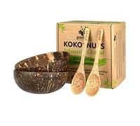 pandoo Juego de 2 Cuencos de Coco con Cucharas | Producto 100% natural | Alternativa sin plástico | hecho a mano con aceite de coco pulido