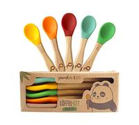 Pandoo Juego de 5 cucharas de bambú para niños con silicona | Cubiertos de aprendizaje para bebés | Cubiertos para niños | Cucharas de silicona suave