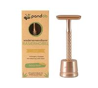 pandoo Maquinilla de afeitar con soporte, metal, sin plástico, maquinilla de afeitar de seguridad, maquinilla de afeitar en húmedo de seguridad, para hombres y mujeres (dorado)