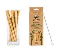 pandoo Paquete de 12 pajitas de cóctel de bambú 100% con cepillo de limpieza, pajitas reutilizables y ecológicas, 100% biodegradables, color natural