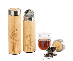 pandoo Tea to-go Termo de bambú 480ml, botella térmica de doble pared, termo de viaje, termo para té, botella de agua con colador de té de acero inoxidable sin BPA