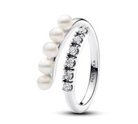 Pandora Timeless Anillo abierto de plata de ley con perla blanca cultivada de agua dulce tratada y circonita cúbica transparente, talla 52