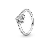Pandora Anillo centelleante con diseño de corazón y hueso de la suerte de plata de ley con circonitas cúbicas transparentes, talla 54