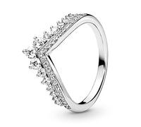 Pandora Anillo con diseño de tiara de princesa y hueso de la suerte de plata de ley con circonitas cúbicas transparentes, talla 52