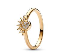Pandora Moments Celestial Anillo con diseño de sol centelleante chapado en oro de 14 quilates con circonitas cúbicas transparentes, talla 52