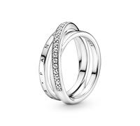 PANDORA Signature Anillo de triple banda cruzada con engaste pavé de plata de ley y circonitas cúbicas transparentes, talla 54