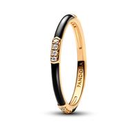 PANDORA Anillo para mujer esmalte negro y piedras doradas 163686C01, 52/16,6, Plata de ley, Zirconia cúbica