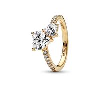 Pandora Timeless Anillo con diseño de corazón doble centelleante chapado en oro de 14 quilates con de circonitas cúbicas transparentes, talla 52