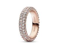 Pandora Timeless Anillo con diseño de fila doble y engaste pavé chapado en oro rosa de 14 quilates con circonitas cúbicas transparentes, talla 52