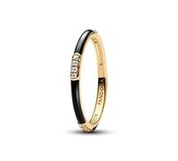 PANDORA Anillo para mujer esmalte negro y piedras doradas 163686C01, 58/18,5, Plata de ley, Zirconia cúbica