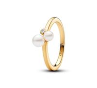 PANDORA Anillo Timeless chapado en oro de 14 quilates con perla blanca cultivada de agua dulce tratada y circonita cúbica transparente