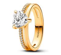 Pandora Timeless Anillo con diseño de corazón chapado en oro de 14 quilates con circonitas cúbicas transparentes, talla 60