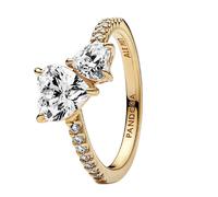 Pandora Timeless Anillo con diseño de corazón doble centelleante chapado en oro de 14 quilates con de circonitas cúbicas transparentes, talla 54