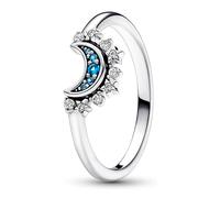 Pandora Moments Celestial Anillo con diseño de luna centelleante de plata de ley con cristal azul noche y circonitas cúbicas transparentes, talla 60
