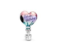 Pandora Moments Dije de plata de ley con forma de globo e inscripción «Happy Birthday» con esmalte sombreado transparente rosa, morado y azul