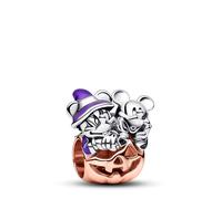 Pandora Disney Dije de plata de ley y chapado en oro rosa de 14 quilates en forma de calabaza con Mickey y Minnie con esmalte en negro y morado que brilla en la oscuridad