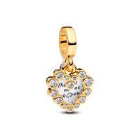 PANDORA Moments 763765C01 - Colgante de doble corazón de plata de ley chapada en oro de 14 quilates con circonitas, compatible con pulseras Me y Moments, 4,3x11,8x11,3 mm, Plata de ley, Circonita