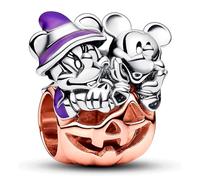 Pandora Disney Dije de plata de ley y chapado en oro rosa de 14 quilates en forma de calabaza con Mickey y Minnie con esmalte en negro y morado que brilla en la oscuridad
