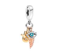 Pandora Passions Colgante con diseño de mano, ojo y pluma de plata de ley chapado en oro de 14 quilates y en oro rosa de 14 quilates con circonitas cúbicas transparentes y esmalte turquesa