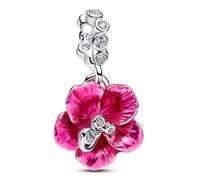 Hibiscus Sterling Silver Dangle with Clear Cubic Zirconia and Pink Enamel