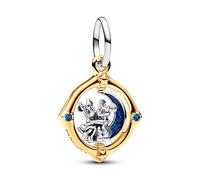 Pandora Disney Colgante giratorio de plata de ley y chapado en oro de 14 quilates con diseño de Mickey y Minnie con cristal azul auténtico y esmalte azul brillante