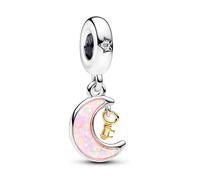 Pandora Moments Colgante con diseño de corazón, luna y llave de plata de ley y chapado en oro de 14 quilates, con circonitas cúbicas transparentes y ópalo rosa creado en laboratorio