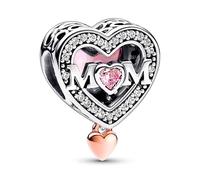 Pandora Moments Dije de plata de ley y chapado en oro rosa de 14 quilates con forma de corazón y palabra «mom» con elegantes circonitas cúbicas transparentes, rosa fantasía y rosa